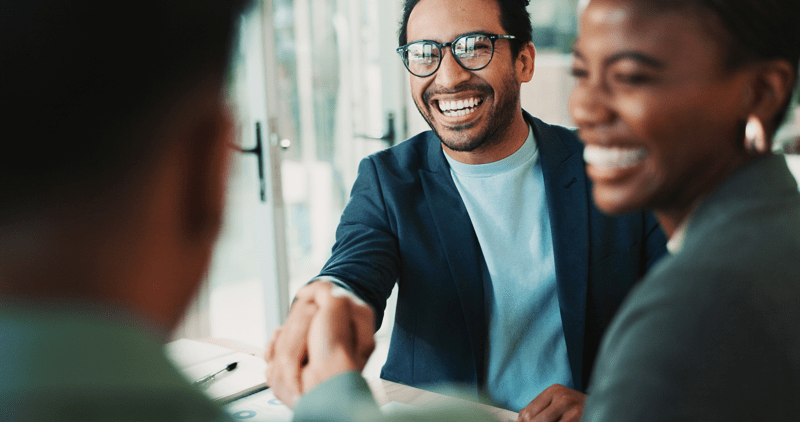 Business, people and handshake with welcome in office for b2b upsell opportunity and contract agreement success. Internal collaboration, happy account manager and shaking hands for client onboarding.