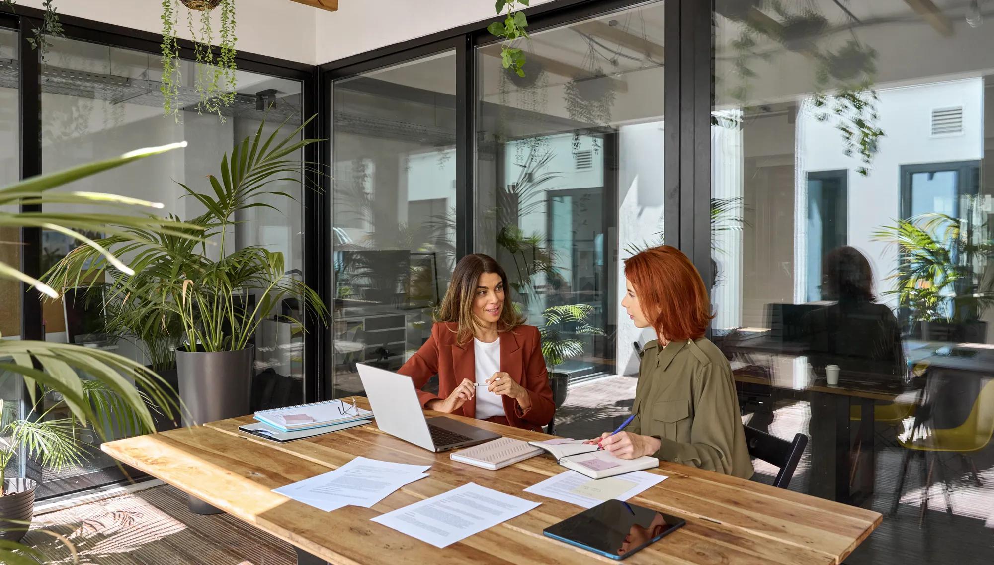 Two busy business women of young and middle age talking in creative green office sitting at desk. Professional ladies employee and manager having conversation using laptop at work. Candid photo.