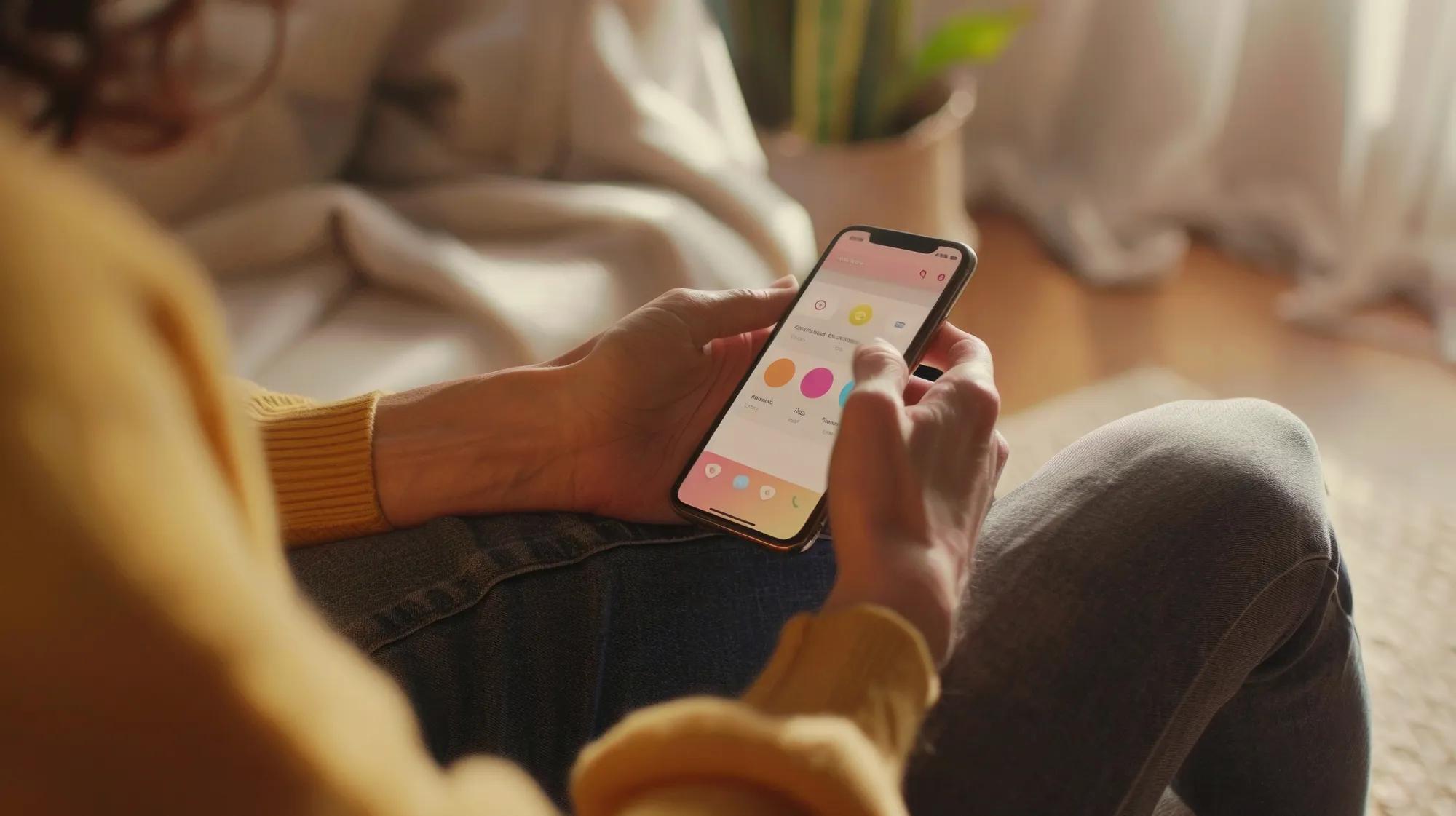A person using a mental health app on their phone, tracking moods and setting wellness goals