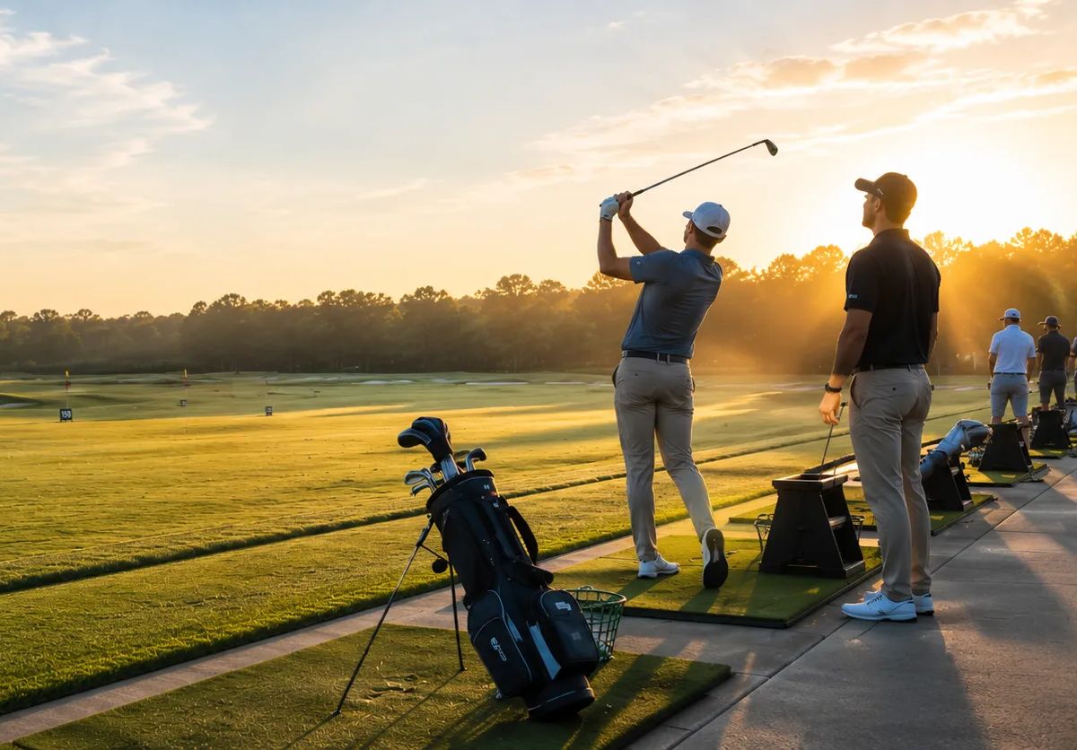 People at a driving range golfing