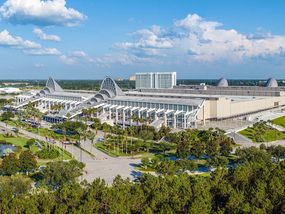 Aerial panoramic photograph of Orange County Convention Center in Orlando, Florida, USA.  June 13, 2023.