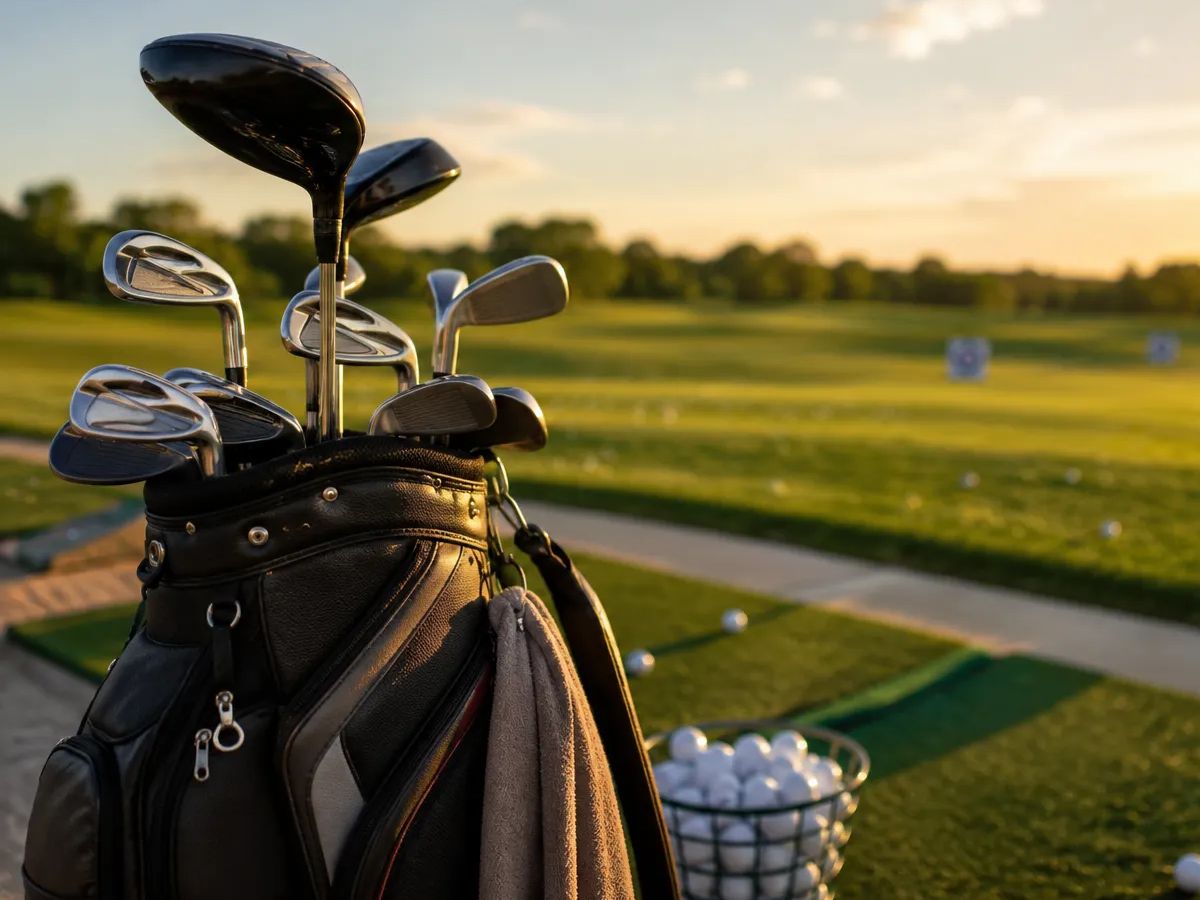 Golf Clubs sitting on a golf range