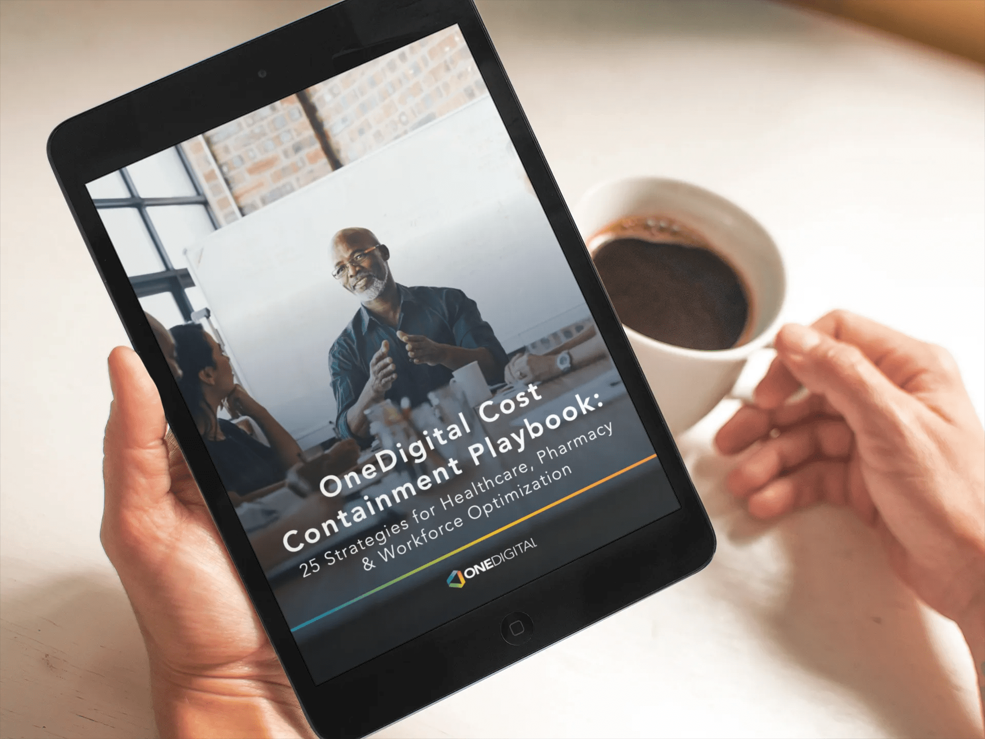 Cost Containment Playbook_Mockup_iPad with Coffee