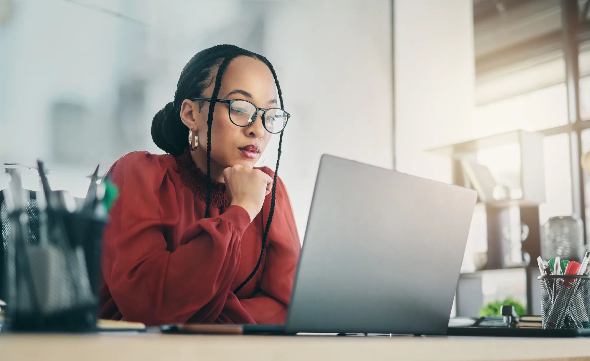 Woman reading from computer