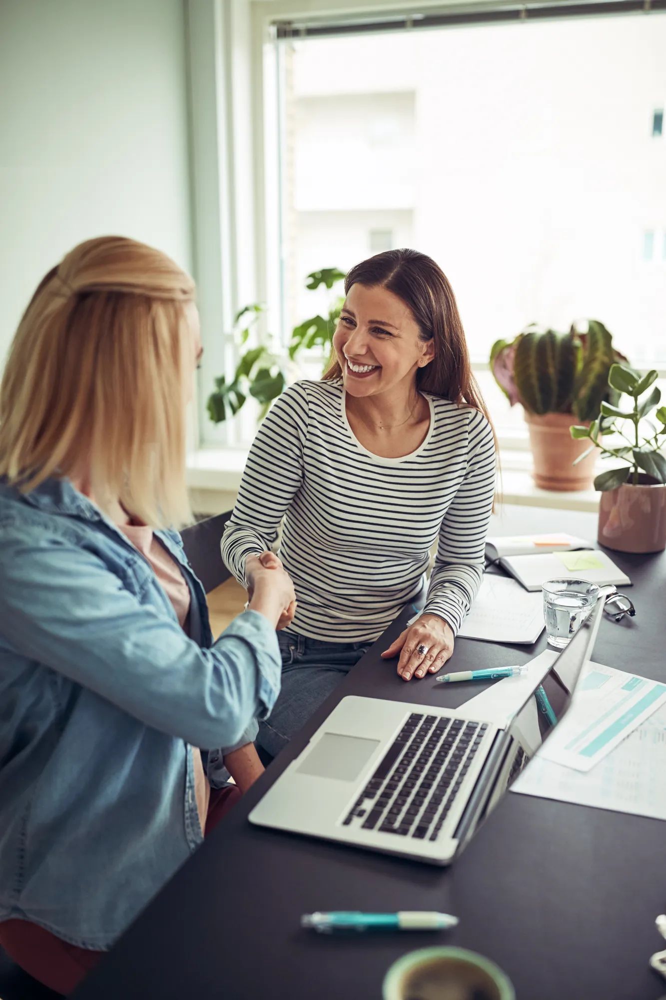 Two smiling young businesswomen sitting together at a desk shaking hands while working in an office