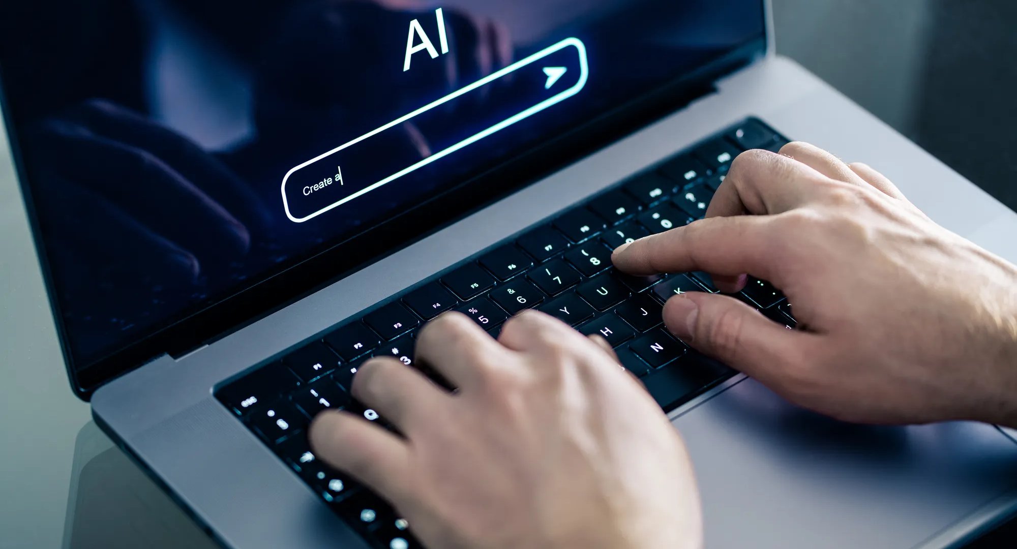 AI chat prompt. Artificial intelligence and digital technology. Man using chatbot with laptop at work. Creative content. Generate text or image. Command input on website. Bot assistant conversation.