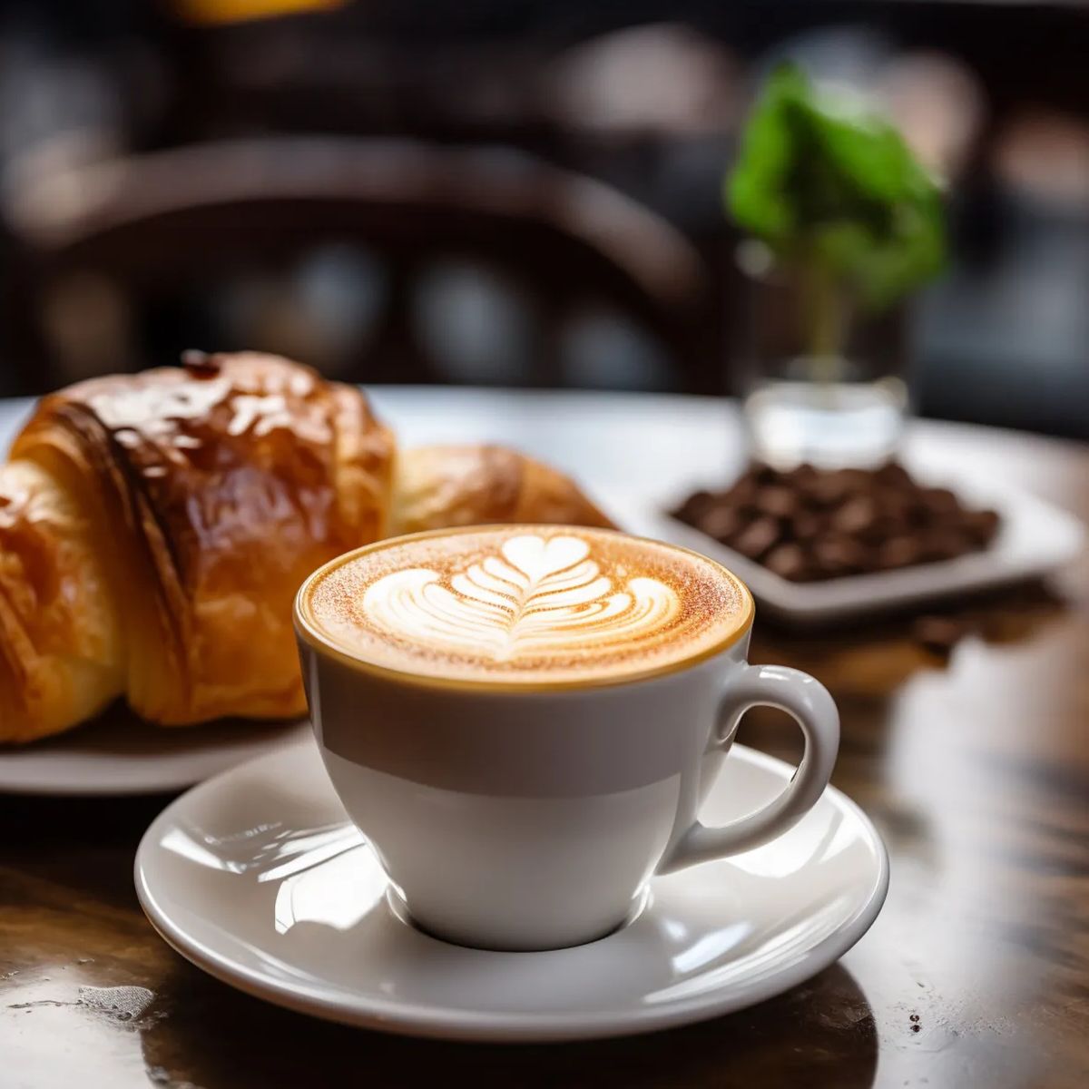 croissant served with latte on a blurred cafe background