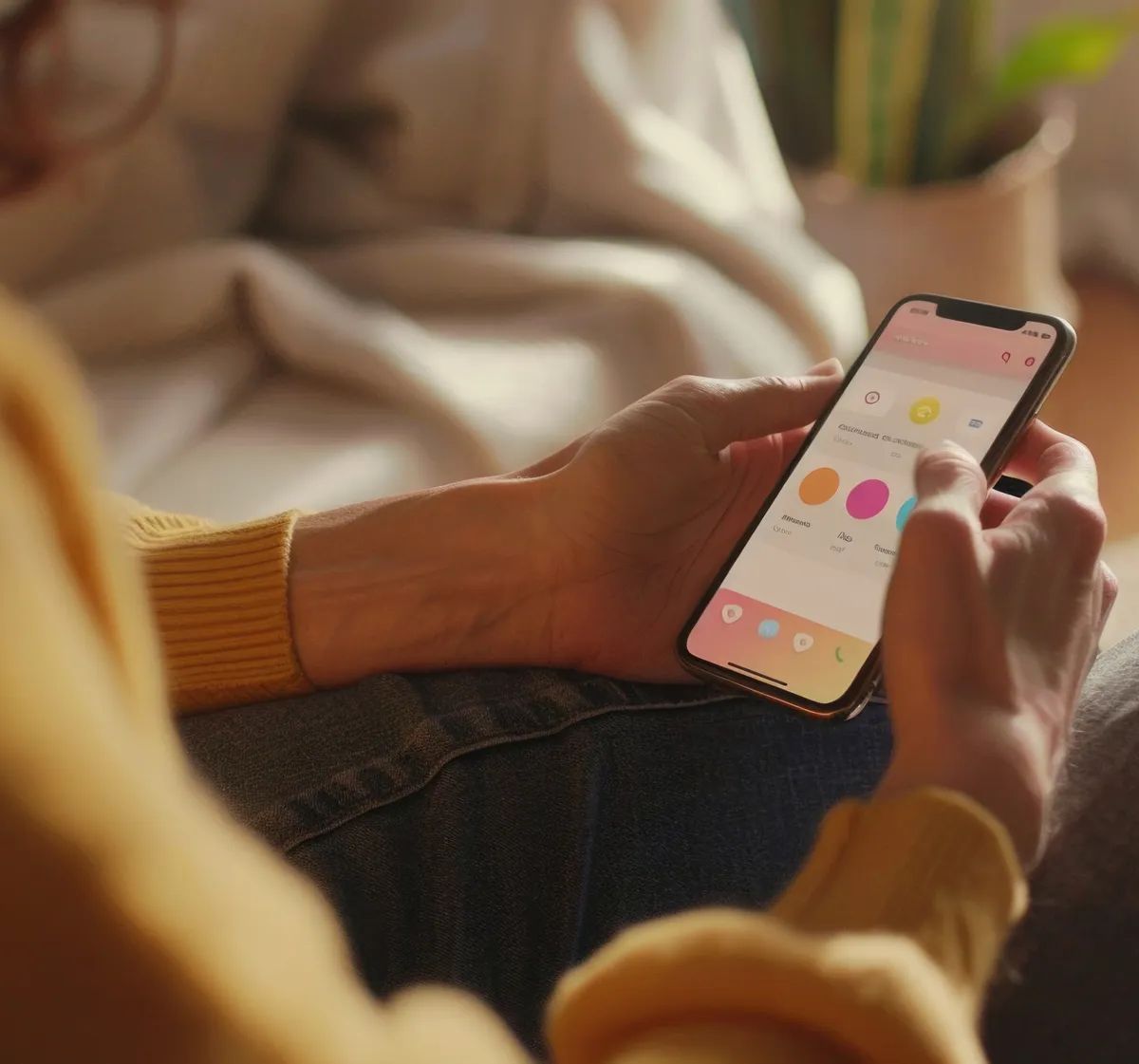 A person using a mental health app on their phone, tracking moods and setting wellness goals